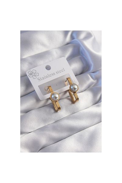 Skygo 316L Steel Gold Color Pearl Stone Rectangular Model Earrings - Tj-Bkp9060
