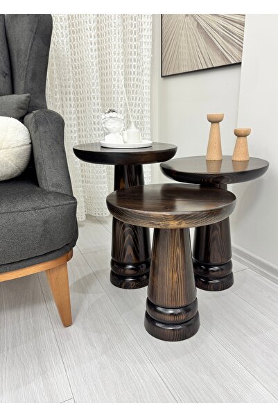 ASELYA HOME Ahşap 3’lü Set Mantar Yan Sehpa Modern Koyu Ceviz Fiskos Zigon Çi...