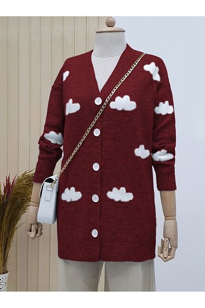 Modamorfo Cloudy Buttoned Cardigan - Claret Red Model