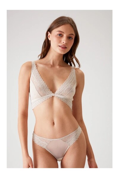 Pierre Cardin Lace Detailed Bralet Bra Suit Stone