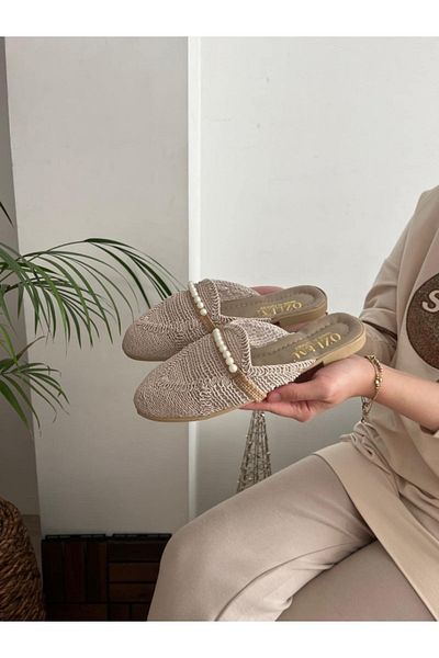 Behtah Kundura Women's Closed Front Straw Slippers Lace Knitted Pearl Rhinestone Dowry Casual Slippers