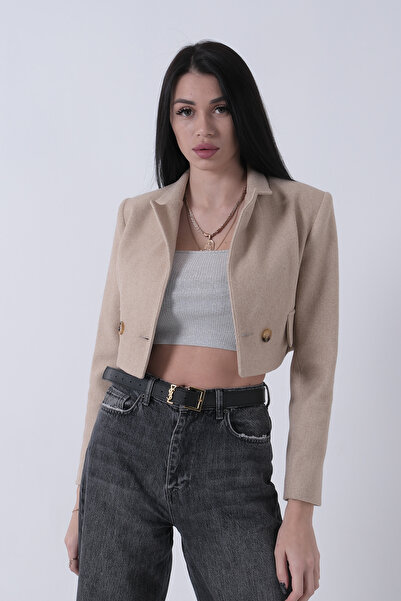Feminist Kruvaze Yaka Kaşe Crop Astarlı Blazer Ceket Bej 0105125