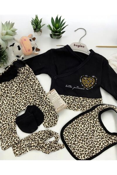 Baalaa Leoparlı 5li Bebek Zıbını - Bebek Kalpli Takım - 5 Parça Hastane Çıkış...