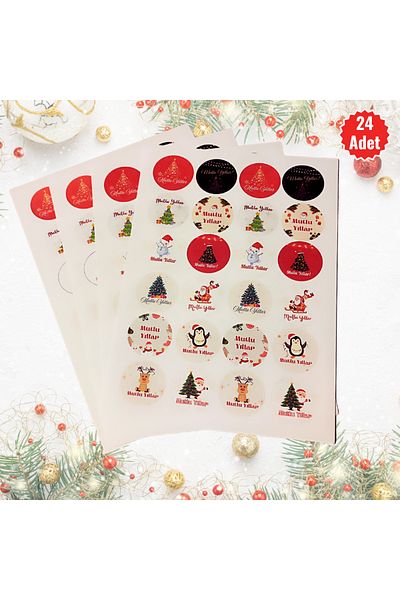 MUTLUYÜZ 24 Pack New Year Labels (Sticker) Matte Printing, 4 cm X 4 cm "Happy New Year"