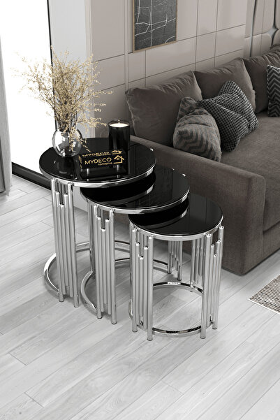 home plus mobilya Olimpos Piyano 3'Lü Gümüş Siyah Zigon Sehpa Takımı