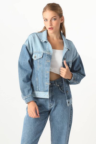 Bluewhite Jachetă de jeans oversize color block pentru femei, albastră
