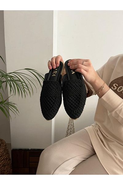 Behtah Kundura Women's Closed Front Straw Slippers Lace Knitted Dowry Daily Slippers