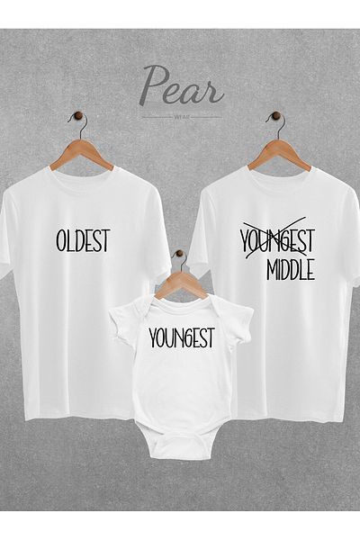 Pear Wear Oldest Youngest Printed 3 Piece Set Mother Father Baby Bodysuit Oversize T-Shirt Bodysuit