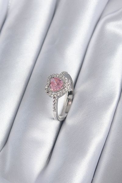 robotrend Brass Silver Color Pink Zircon Stone Heart Charm Model Women's Ring