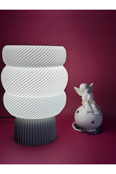 Genel Markalar Modern Spiral Tasarımlı 3d Baskı Abajur - Beyaz & Gri (25 CM, AMPUL DAHİL)