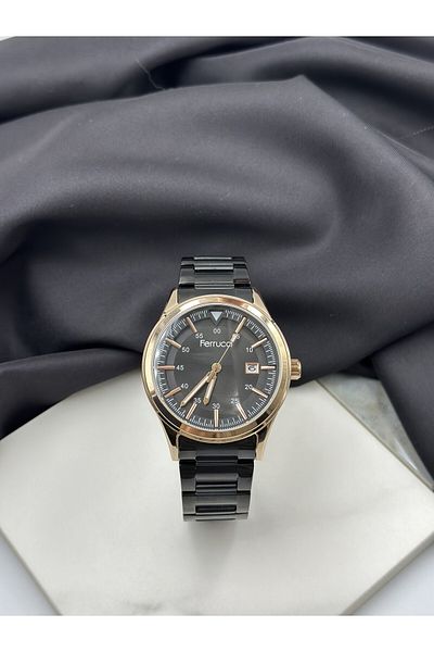 Ferrucci Black Sport Design Steel Band Ferrucci Men's Wristwatch with Rose Gold Case
