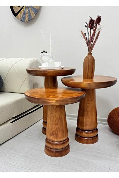 ASELYA HOME Ahşap 3’lü Set Mantar Yan Sehpa Modern Açık Ceviz Fiskos Zigon Çi...
