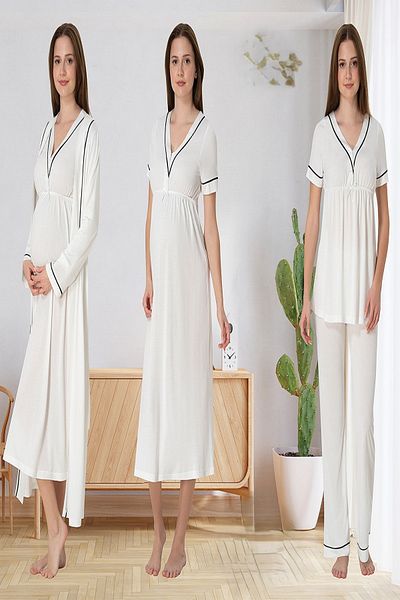 Puerpera Effortt Biyeli Ecru Summer Maternity Maternity Nightgown Dressing Gown and Pajama Set 5096
