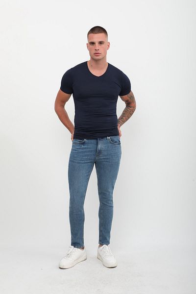 Bluewhite Pantaloni de jeans albastru din lycra pentru bărbați, cu talie joasă, slim fit
