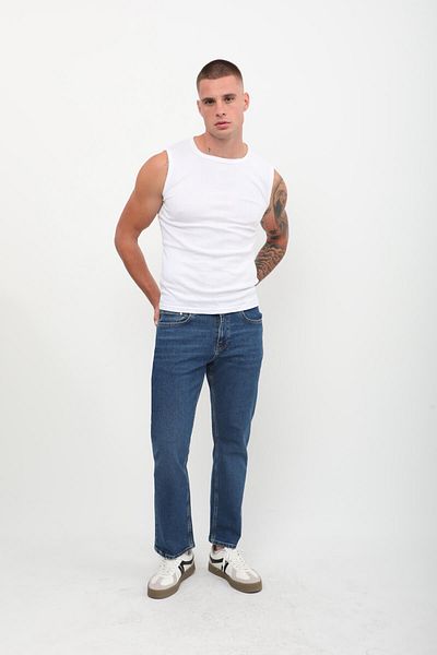 Bluewhite Pantaloni de jeans pentru bărbați, cu talie normală, cu tăietură relaxată, cu picioare drepte, albastru închis