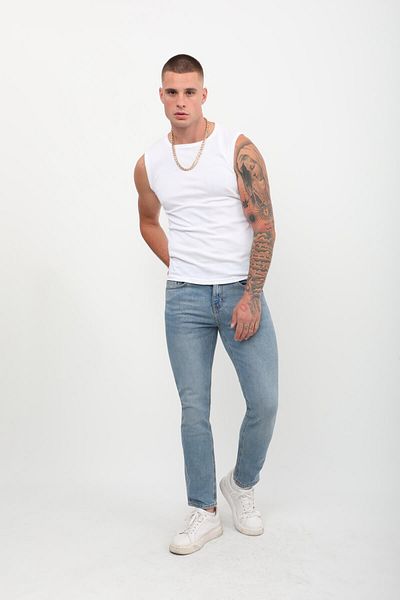 Bluewhite Pantaloni slim pentru bărbați, cu talie normală, cu croială dreaptă, cu picior îngust, din lycra, albastru