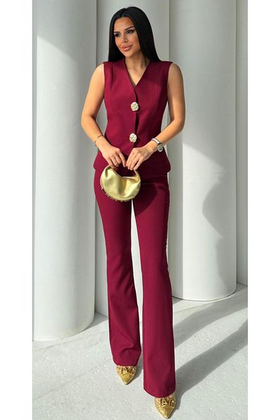 pembekurdelem Women's Gold Button Vest, Pants Suit and Claret Red