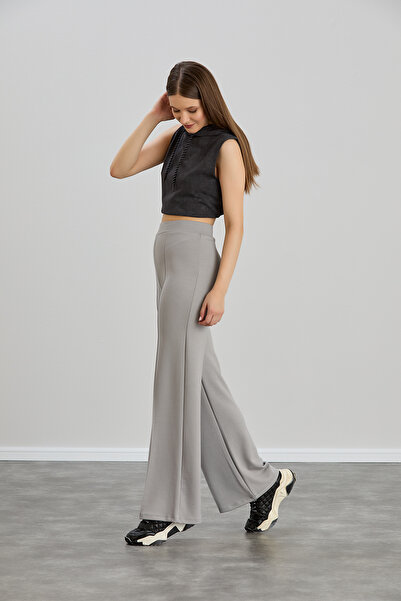 Alos Kadın Gri Modal Bol Paça Çımalı Yüksek Bel Yumuşak Dokulu Beli Lastikli Likralı Pantolon