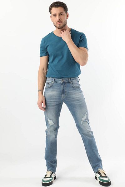 BANNY JEANS Мъжки сини дънки с разкъсани коляното и нормална кройка