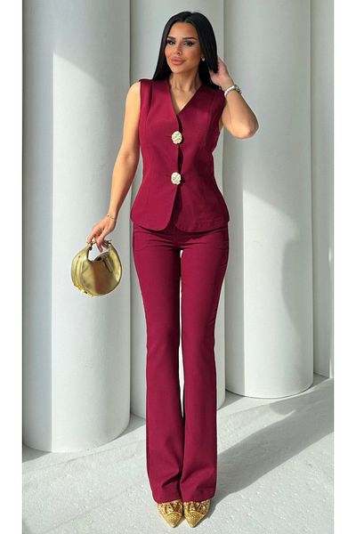 pembekurdelem Women's Gold Button Vest, Pants Suit and Claret Red