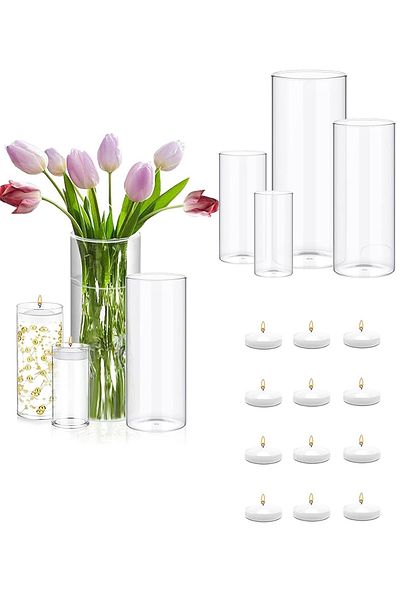 Home Zone Set of 8 Pcs Glass Cylinder Vases for Centrepieces with 12 Pcs White Floating Candles (S+M+L+XL)