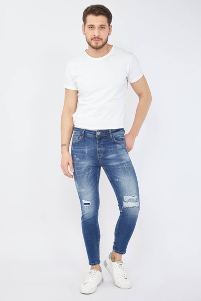Bluewhite Men's Skinny Fit Ripped Detailed Jeans Dark Blue