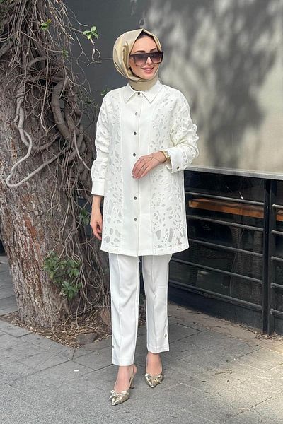 NAKİ Shirt Jacket - Naki & Mascara Floral Detailed 25My1105 Ecru
