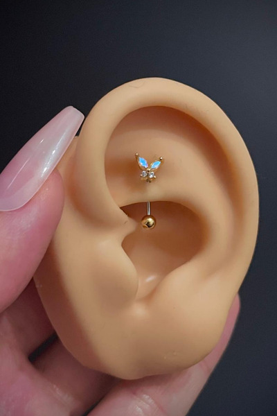 Blisse Piercing Women's Butterfly Figured Hologram Stone Rook and Eyebrow Steel Piercing