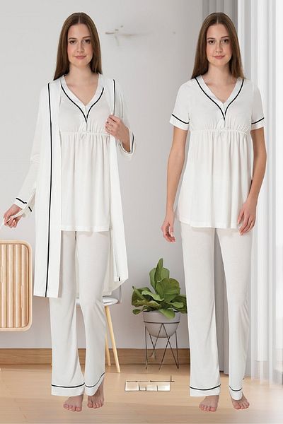 Puerpera Ecru Summer Maternity Pajamas and Dressing Gown Set 5094
