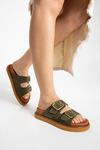 walviss Arandis Women's Genuine Suede Leather Double Buckle Khaki Slippers