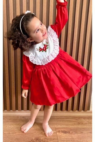 minikiti Red White Long Sleeve Scalloped Embroidered Vintage Girl's Dress Eid Birthday Special Occasion Dress