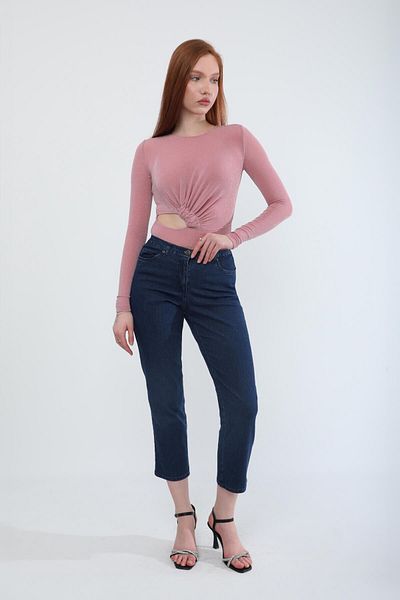 Bluewhite Pantaloni de damă din lycra elastic elastic în talie albastru închis