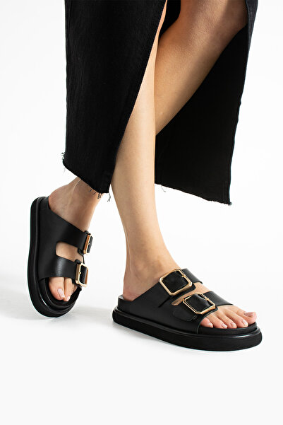 walviss Papuci negri confortabili ortopedici cu cataramă dublă din piele naturală pentru femei Arandis