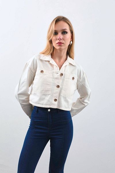 Bluewhite Women's Ecru Crop Cut Jeans Jacket