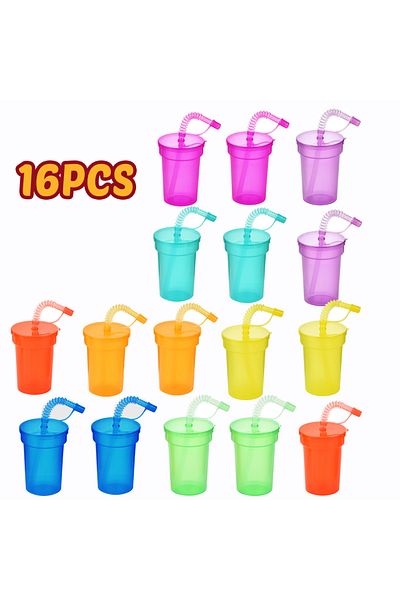 Choice 16pcs Neon Sipper Cups - Colorful, Spill-Proof Cups with Lids and Straws - Ideal for School Events,