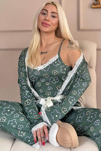 Pijamaevi Green Line Floral Patterned Pegasus Pajama Set with Dressing Gown