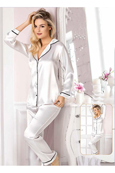 Viselya Λευκό Σετ Πιτζάμες Σατέν με Κουμπιά