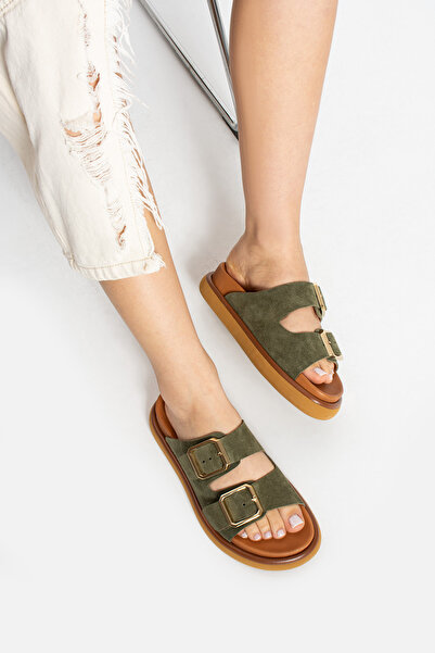 walviss Arandis Жіночі справжні замшеві ортопедичні тапочки з двома пряжками, хакі-зелені