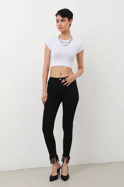 Bluewhite Women's Skinny Fit Fringed Jeans Trousers Black