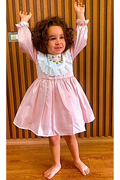 minikiti Pink White Scalloped Embroidered Long Sleeve Vintage Girl's Dress Eid Birthday Special Occasion Dress