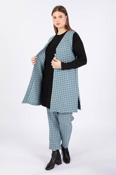 Bluewhite Set vestă cu carouri mărime mare pentru femei, 3 piese, albastru