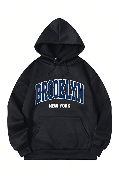 TARCENMODA سويت شيرت بقلنسوة أسود كبير الحجم للجنسين مطبوع عليه بروكلين