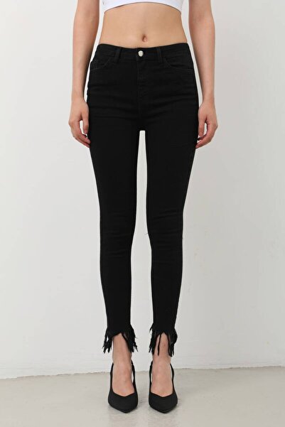 Bluewhite Women's Skinny Fit Fringed Jeans Trousers Black