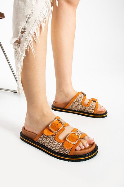 walviss Klein Women's Straw Double Buckle Orange Slippers