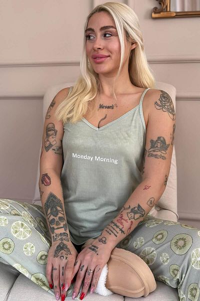 Pijamaevi Green Monday Morning Printed Rope Strap Knitted Women's Pajama Set