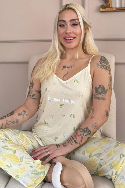 Pijamaevi Choose Happy Printed Rope Strap Knitted Women's Pajama Set