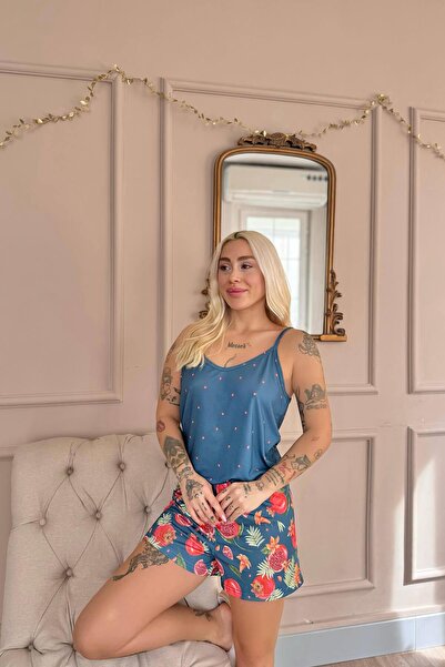 Pijamaevi Petrol Tropical Patterned Rope Strap Shorts Women's Pajama Set