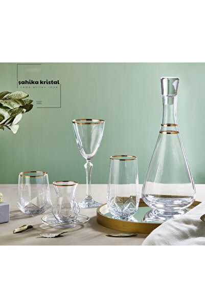 Şahika Kristal cama atılan imza 61 Parça Premium Gold 12 Kişilik Cam Bardak T...
