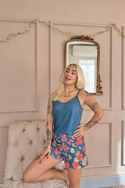 Pijamaevi Set de pijamale pentru femei cu bretele din frânghie cu model tropicale petroliere