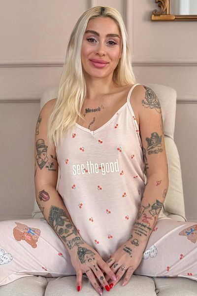 Pijamaevi Light Powder See the Good Printed Rope Strap Knitted Women's Pajama Set